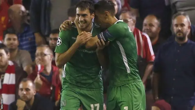 Ludogorets' Dani Abalo celebrates with teammate Mihail Aleksandrov