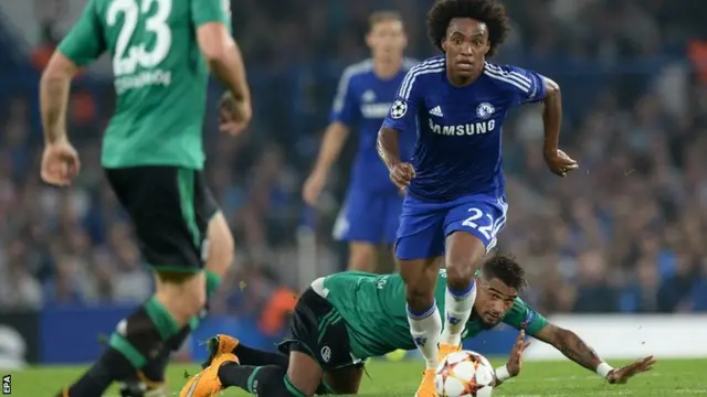 Chelsea's Willian drives back the Schalke defence