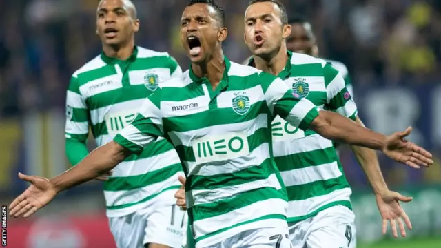 Nani celebrates scoring for Sporting Lisbon