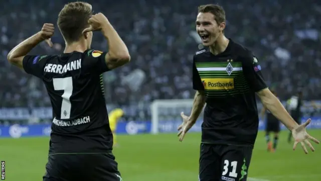 Patrick Herrmann celebrates scoring for Monchengladbach