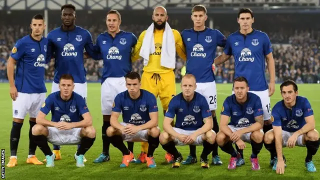 Everton's team before their match against Wolfsburg