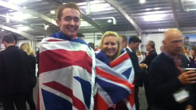 Robbie MacNiven, 22, from Inverness and 21-year-old Solvein Siem from Norway celebrate the No vote at Ingliston.