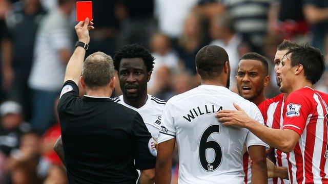 Swansea's Wilfried Bony gets red card