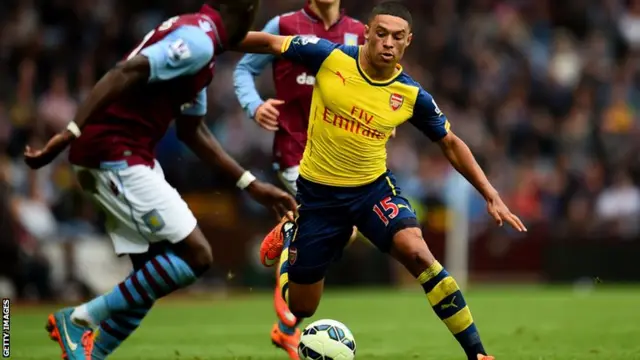 Alex Oxlade-Chamberlain takes on the Aston Ailla defence