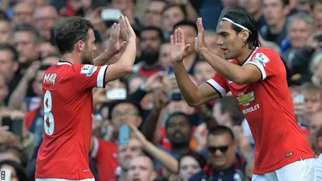 Manchester United striker Radamel Falcao comes on for Juan Mata