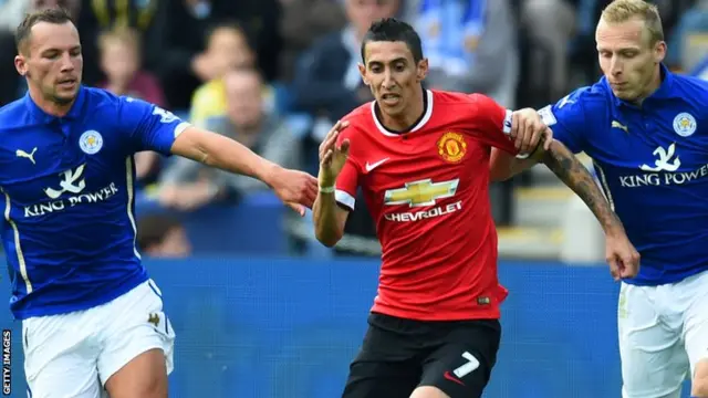 Manchester United midfielder Angel di Maria outpaces the Leicester defence