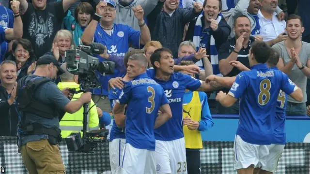 Leicester celebrate beating Manchester United 5-3