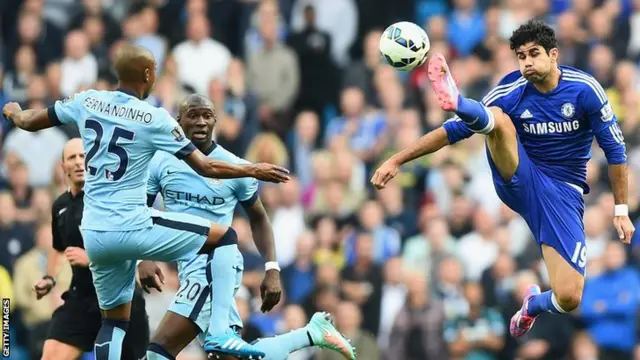 Chelsea striker Diego Costa leaps for the ball