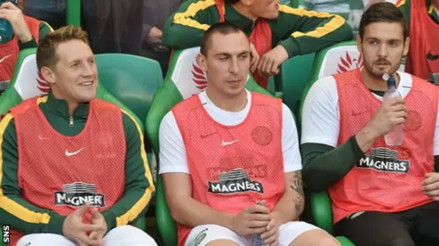 Kris Commons, Scott Brown and Craig Gordon on the Celtic bench