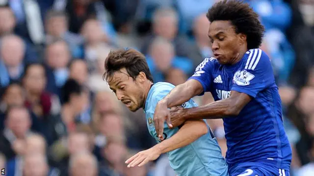 Manchester City's David Silva and Chelsea's Willian clash