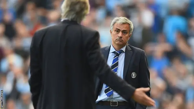 Manchester City manager Manuel Pellegrini gestures to Jose Mourinho