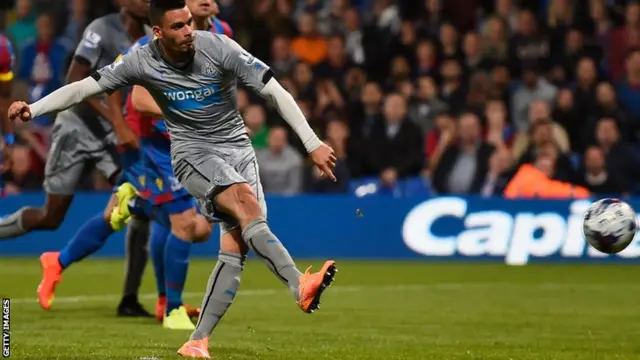 Emannuele Riviere scores his second from the penalty spot for Newcastle