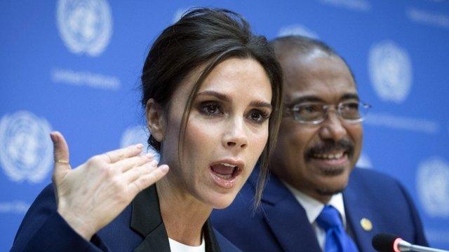 Victoria Beckham speaks alongside Michel Sidibe, Executive Director of Joint UN Program on HIV/AID