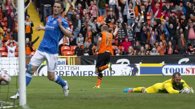 Dundee Utd's Chris Erskine (centre) wheels away to celebrate after opening the scoring against St Johnstone