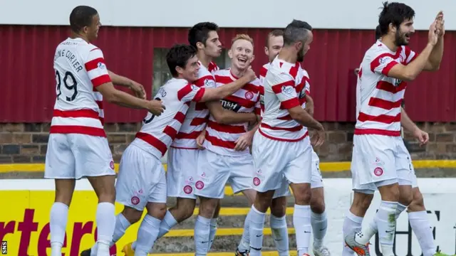 Hamilton's Ali Crawford celebrates with team-mates after putting his side 2-0 up against Motherwell