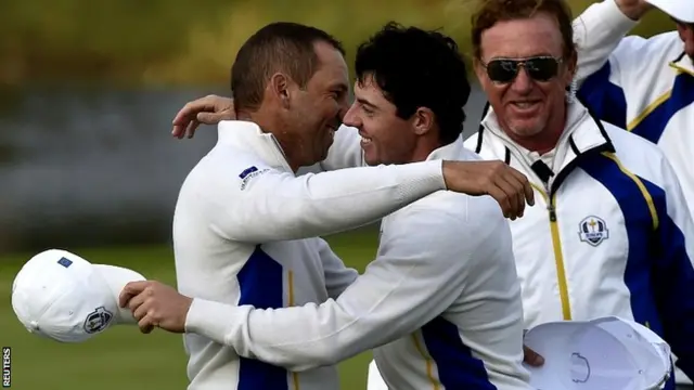 European Ryder Cup players Sergio Garcia (L) and Rory McIlroy