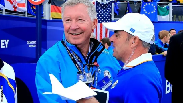 Europe team captain Paul McGinley embraces Sir Alex Ferguson