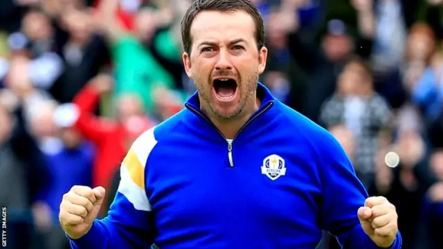 Graeme McDowell of Europe celebrates victory against Jordan Spieth of the United States