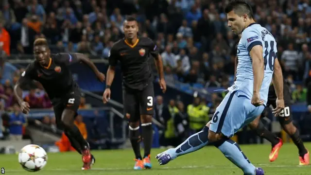 Sergio Aguero scores for Manchester City against Roma