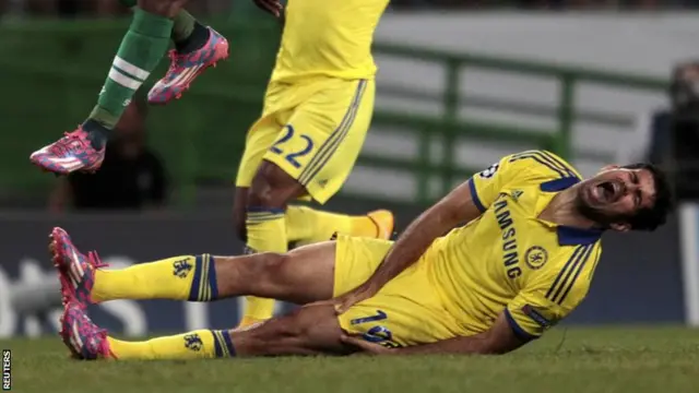 Chelsea striker Diego Costa is fouled by Sporting Lisbon's Mauricio