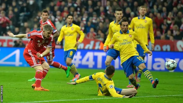 Bastian Schweinsteiger scores for Bayern Munich against Arsenal in March