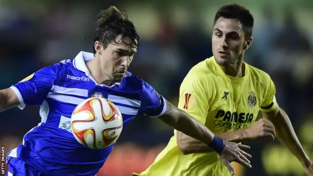 Apollon Limassol's forward from Argentina Gaston Sangoy vies with Villarreal's defender Victor Ruiz