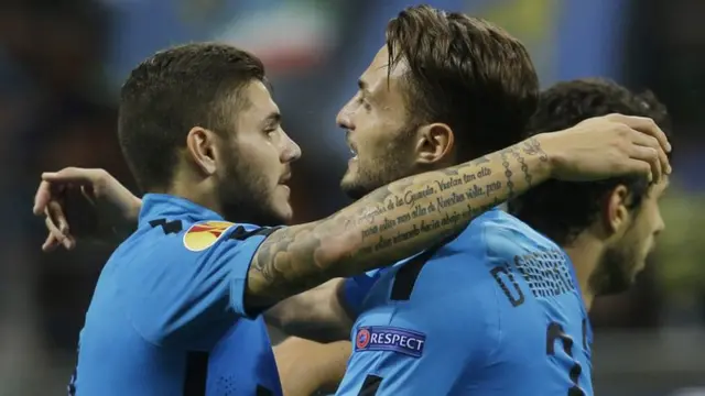 Inter Milan's Mauro Icardi, left, celebrates with his teammate Danilo D'Ambrosio