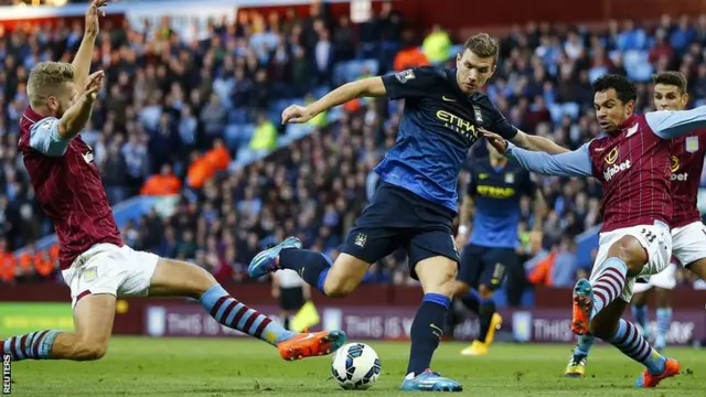 Manchester City striker Edin Dzeko is closed down by Aston Villa