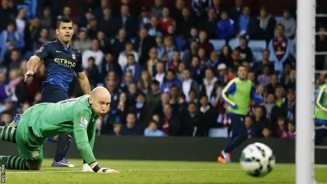 Sergio Aguero hits the post for Manchester City