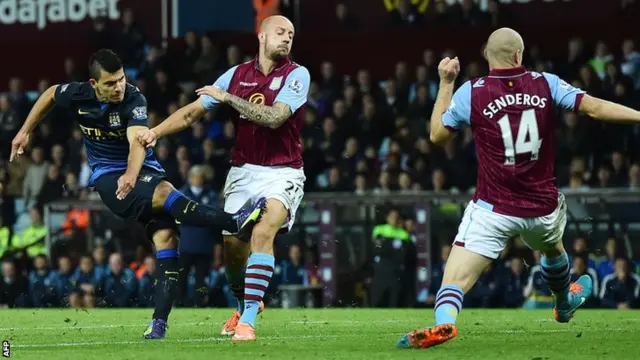 Manchester City striker Sergio Aguero scores