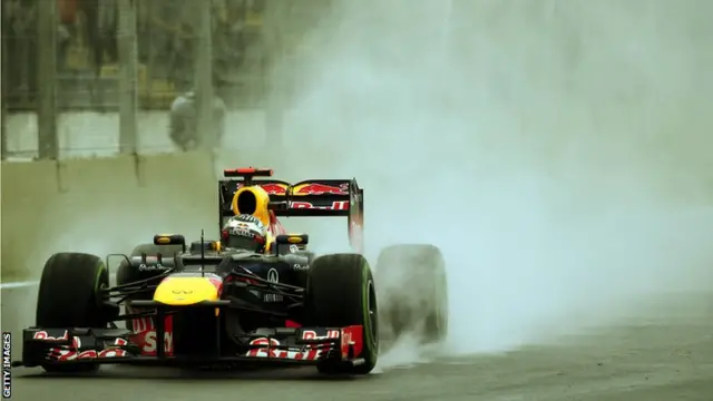 Vettel driving in the rain at the Brazilian Grand Prix in 2012.