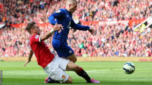 Manchester United defender Luke Shaw brings down Tony Hibbert of Everton for a penalty