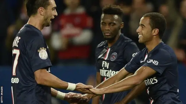 PSG's Lucas Moura celebrates the opening goal against Monaco