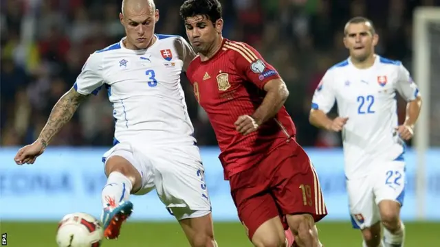 Diego Costa and Martin Skrtel battle for the ball