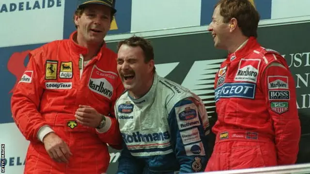 Nigel Mansell celebrates his 1994 Australia win