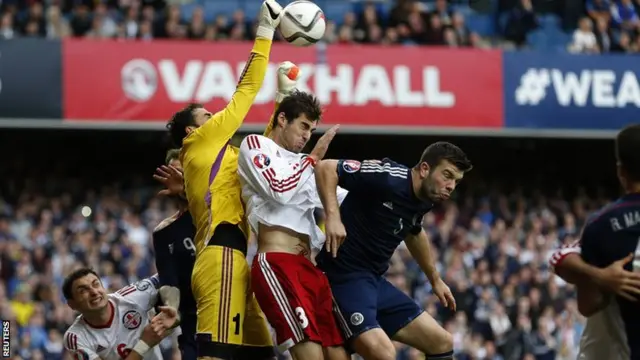 Scotland's Grant Hanley challenges Georgia's goalkeeper Giorgi Loria