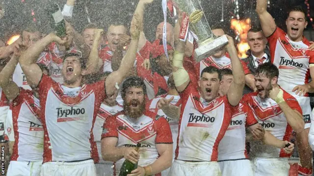 St Helens celebrate with the Grand final trophy