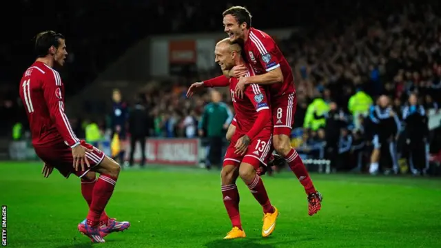 Gareth Bale, David Cotterill and Andy King celebrate Wale's first goal against Cyprus