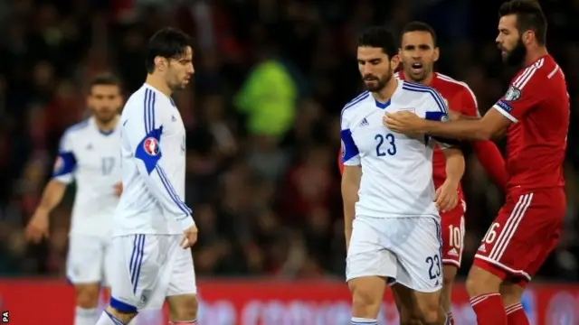 Cyprus and Wales players clash