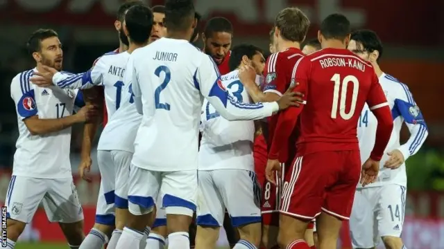 Wales and Cyprus players clash