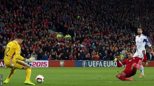 Hal Robson-Kanu scores Wales second goal of the evening