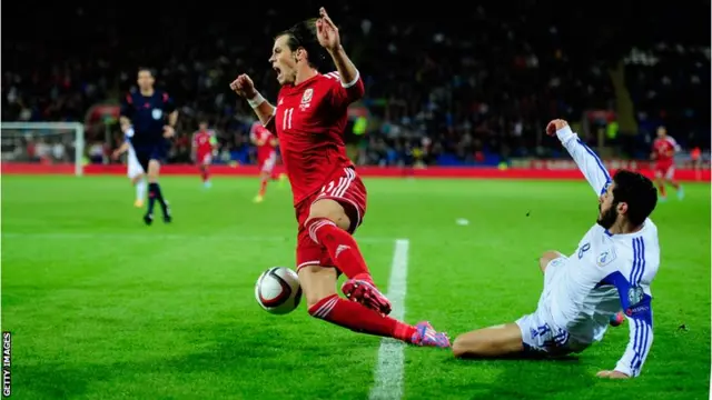 Gareth Bale is fouled by Charis Kyriakou of Cyprus