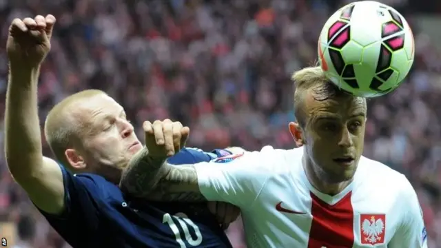 Poland's Kamil Grosicki challenges Scotland's Steven Naismith