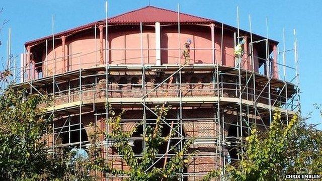 Scaffolding on Wessex Water's tower on Wessex Road in Dorchester