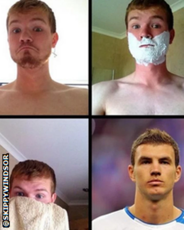 A man transforming in to Manchester City striker Edin Dzeko as he shaves