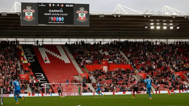 Scoreboard showing 8-0 at Southampton's St Mary's Stadium