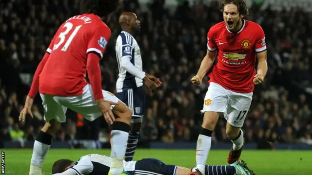 Daley Blind celebrates after scoring Manchester United's second goal against West Brom