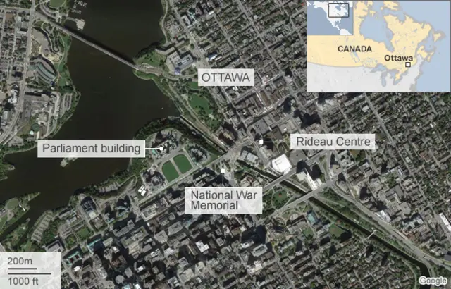 Map of Ottawa showing locations of shooting incidents - 22 October 2014