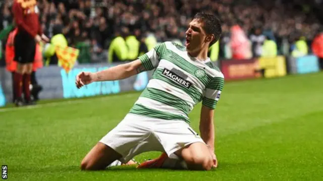 Stefan Scepovic celebrates his first goal for Celtic