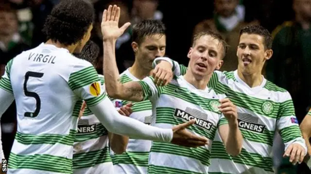 Stefan Johansen celebrates scoring Celtic's second goal